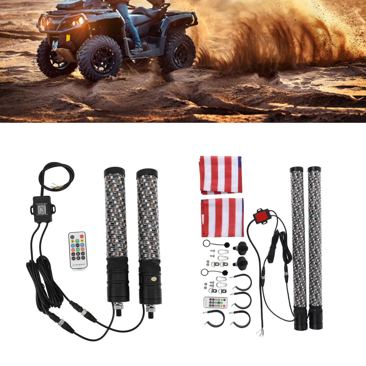 Spiral RGB LED Whip Lights for ATV / UTV / Off-Road | 2-Piece, 300 Patterns, Sound Activated