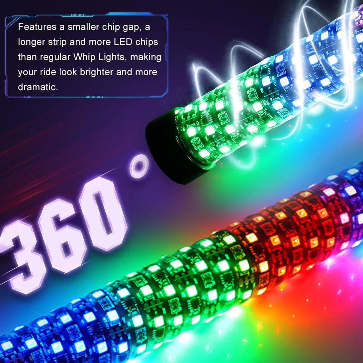 Spiral RGB LED Whip Lights for ATV / UTV / Off-Road | 2-Piece, 300 Patterns, Sound Activated